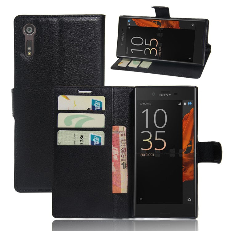 Litchi Grain Wallet Stand Leather Phone Case for Sony Xperia XZs / XZ - Black