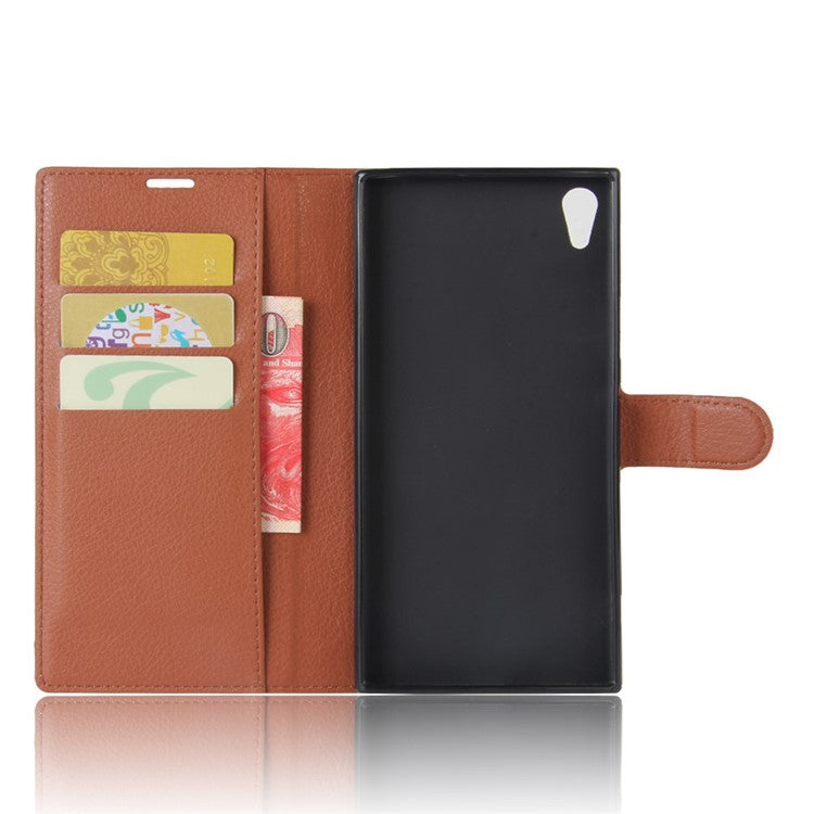 Litchi Skin Leather Wallet Case Accessory for Sony Xperia XA1 Ultra - Brown