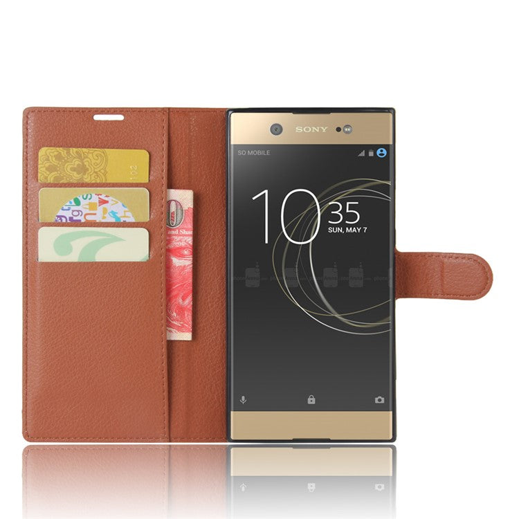 Litchi Skin Leather Wallet Case Accessory for Sony Xperia XA1 Ultra - Brown