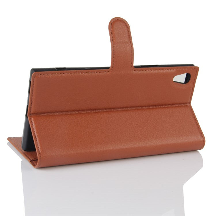 Litchi Skin Leather Wallet Case Accessory for Sony Xperia XA1 Ultra - Brown
