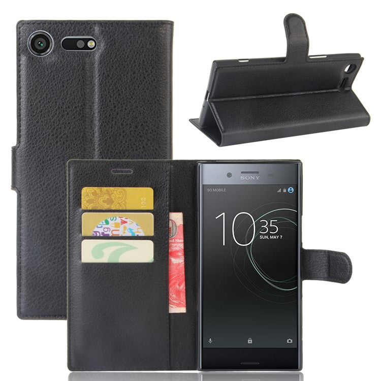 Litchi Skin Leather Stand Cover with Card Slots for Sony Xperia XZ Premium Wallet Design Phone Case - Black