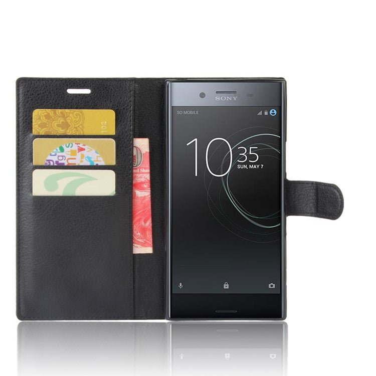 Litchi Skin Leather Stand Cover with Card Slots for Sony Xperia XZ Premium Wallet Design Phone Case - Black