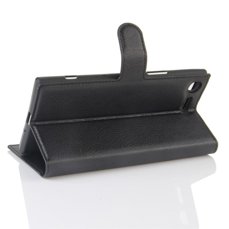 Litchi Skin Leather Stand Cover with Card Slots for Sony Xperia XZ Premium Wallet Design Phone Case - Black