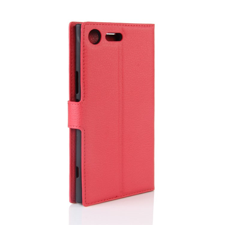 Litchi Skin Leather Stand Cover with Card Slots for Sony Xperia XZ Premium Wallet Design Phone Case - Red