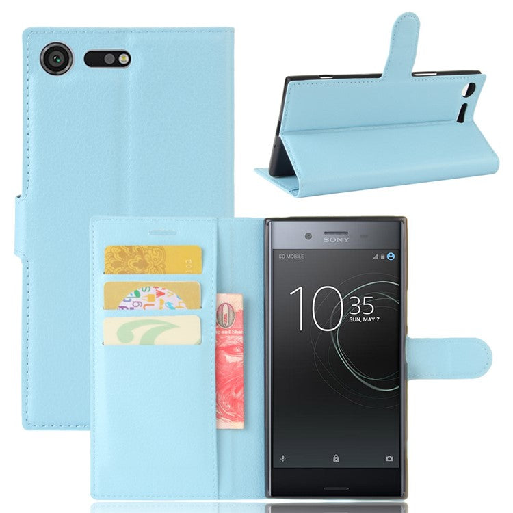 Litchi Skin Leather Stand Cover with Card Slots for Sony Xperia XZ Premium Wallet Design Phone Case - Baby Blue
