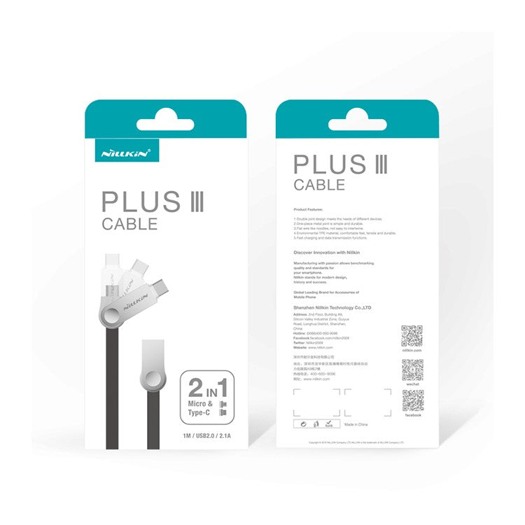 NILLKIN Plus III 2-in-1 Micro to Type-C Charger Data Sync Flat Cable for Huawei P9/Samsung Galaxy S7 - White
