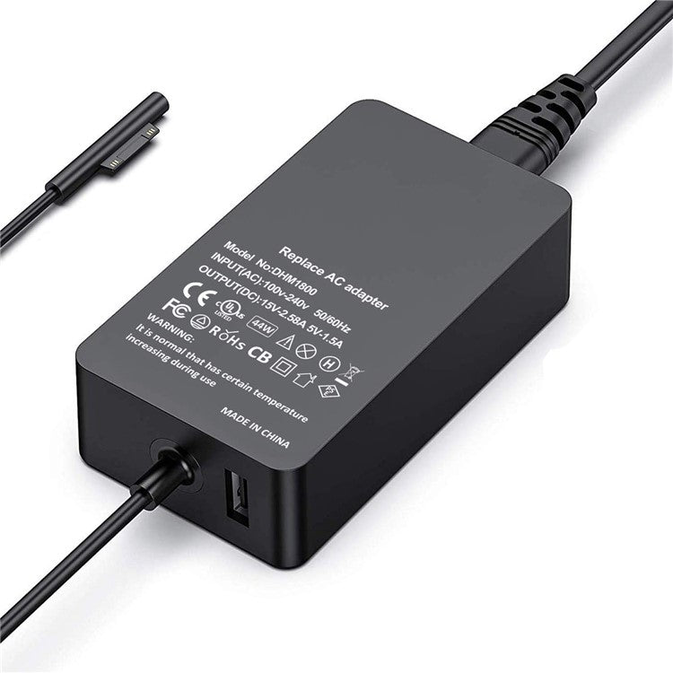 44W 15V 2.58A Power Adapter Charger with USB Charging Port for Microsoft Surface Pro 6/5/4/3 etc. - EU Plug