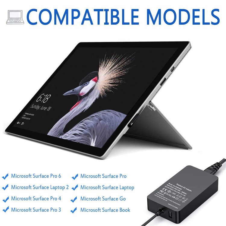 44W 15V 2.58A Power Adapter Charger with USB Charging Port for Microsoft Surface Pro 6/5/4/3 etc. - EU Plug