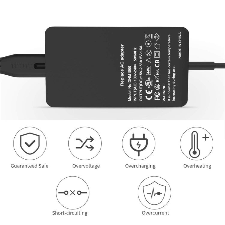 44W 15V 2.58A Power Adapter Charger with USB Charging Port for Microsoft Surface Pro 6/5/4/3 etc. - EU Plug