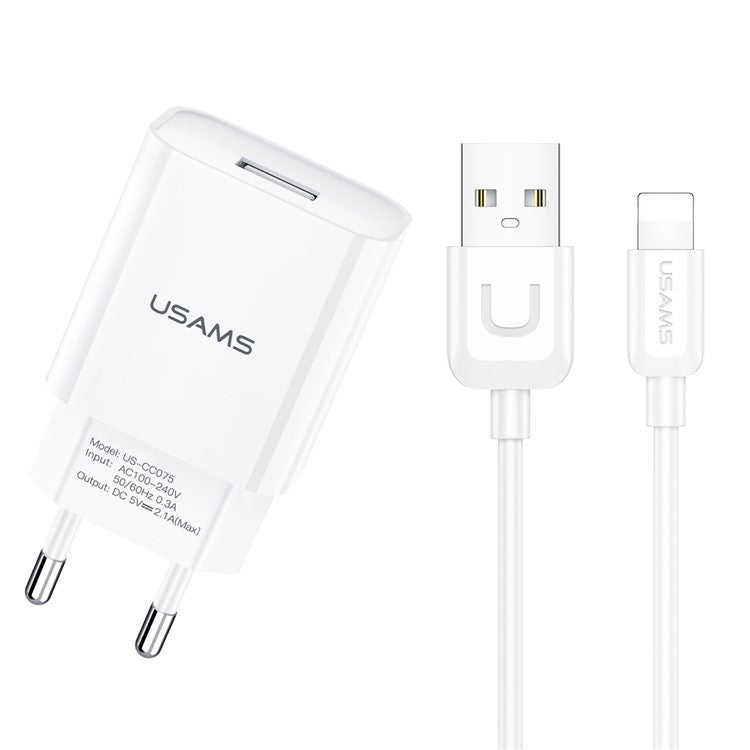 USAMS T21 Travel Charger Set 2.1A Fast Charging Wall Phone Charger and Lightning 8 Pin Cable (EU Plug)