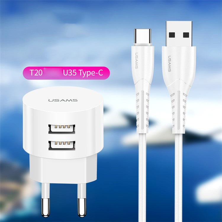 USAMS Dual Ports USB Round Travel Charger + Type-C Data Sync Charging Cable for Huawei Samsung - EU Plug
