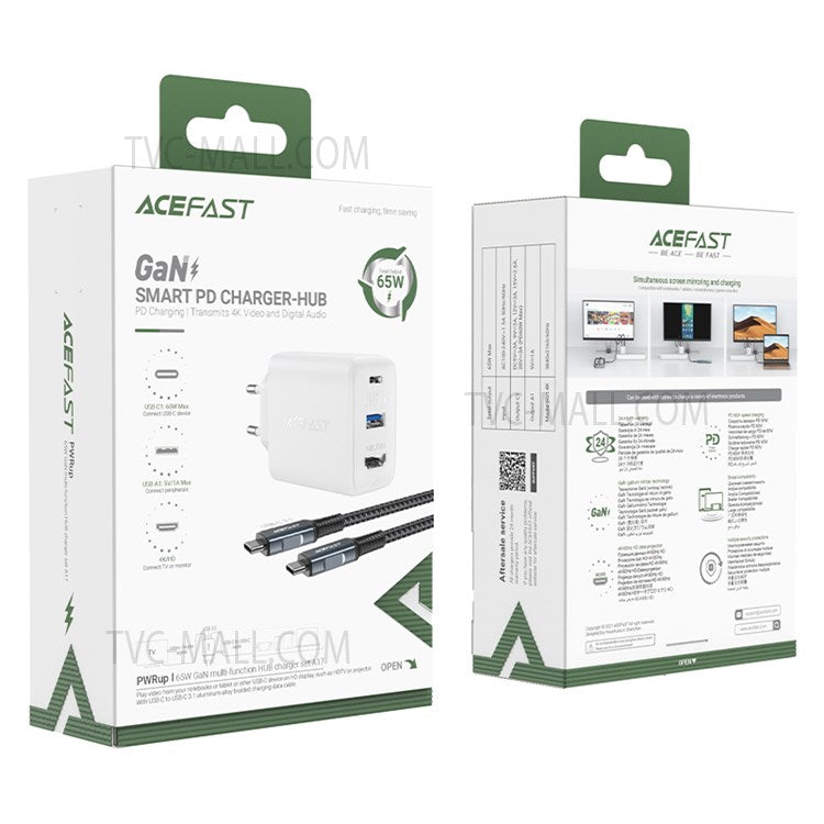 ACEFAST A17 65W GaN Charger USB-A + Type-C + HDMI 3-port Power Adapter Hub with Cable, EU Plug - White