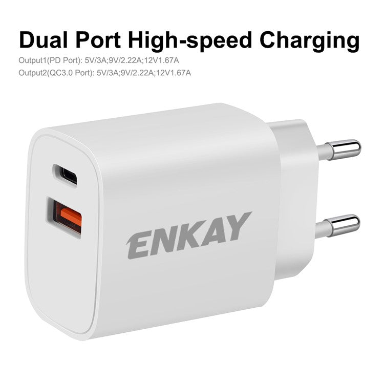 ENKAY HAT PRINCE PD 20W+QC 3.0 Type C USB Dual Ports Wall Charger Power Adapter for Apple Android - EU Plug