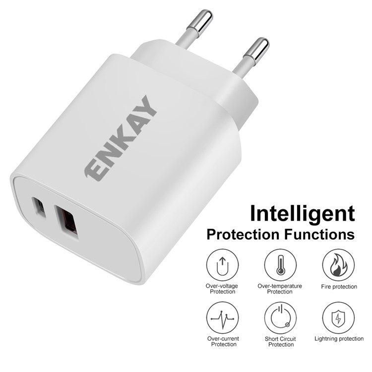 ENKAY HAT PRINCE PD 20W+QC 3.0 Type C USB Dual Ports Wall Charger Power Adapter for Apple Android - EU Plug