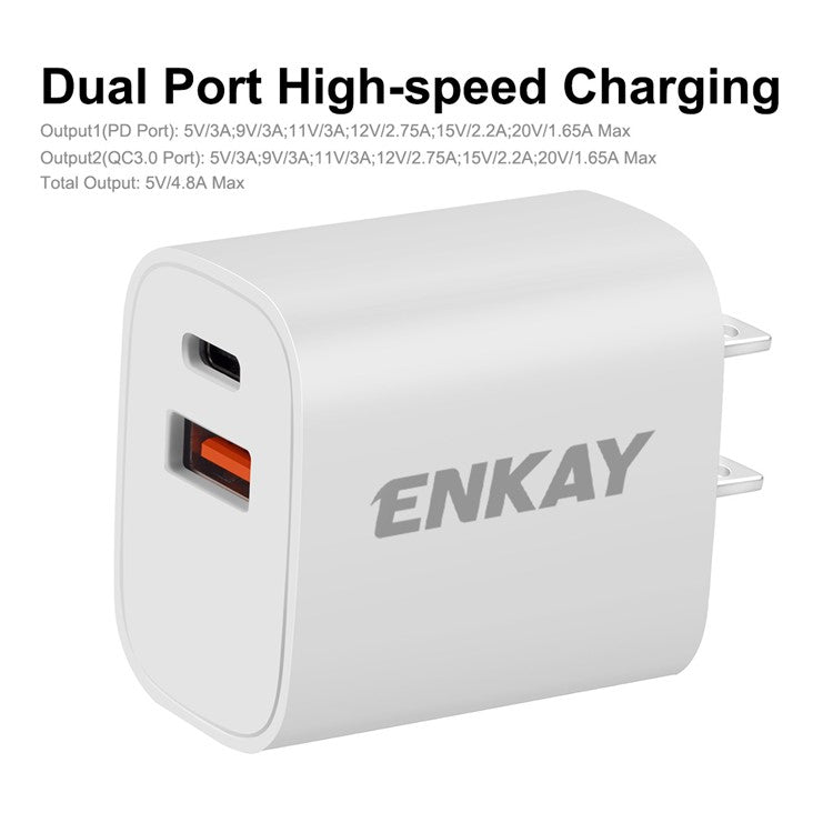 ENKAY HAT PRINCE Portable PD 33W+QC 3.0 Type C USB 2-port Wall Charger Block Travel Power Adapter - US Plug
