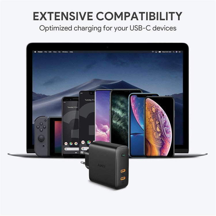 AUKEY PA-D5 Type-C Dual Port Charging Block PD 63W Wall Charger Fast Charging Power Adapter, EU Plug/Black