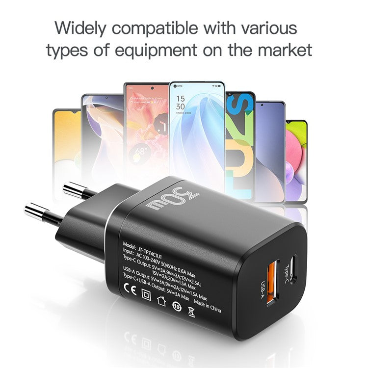 ESSAGER JT-TP74C1U1 Dual Port PD+QC 30W Charger Type-C + USB-A Wall Charger Adapter Mini Fast Charger Block for Cell Phones (UK Plug) - White