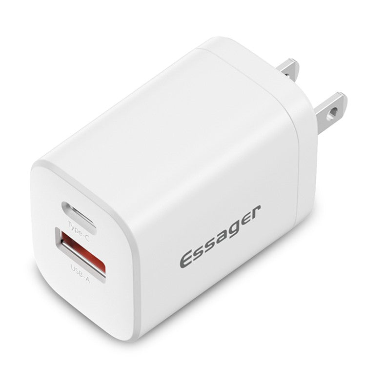 ESSAGER Type-C PD + USB-A QC3.0 30W Dual Ports Fast Charging Wall Charger Phone Charging Adapter - White/US Plug