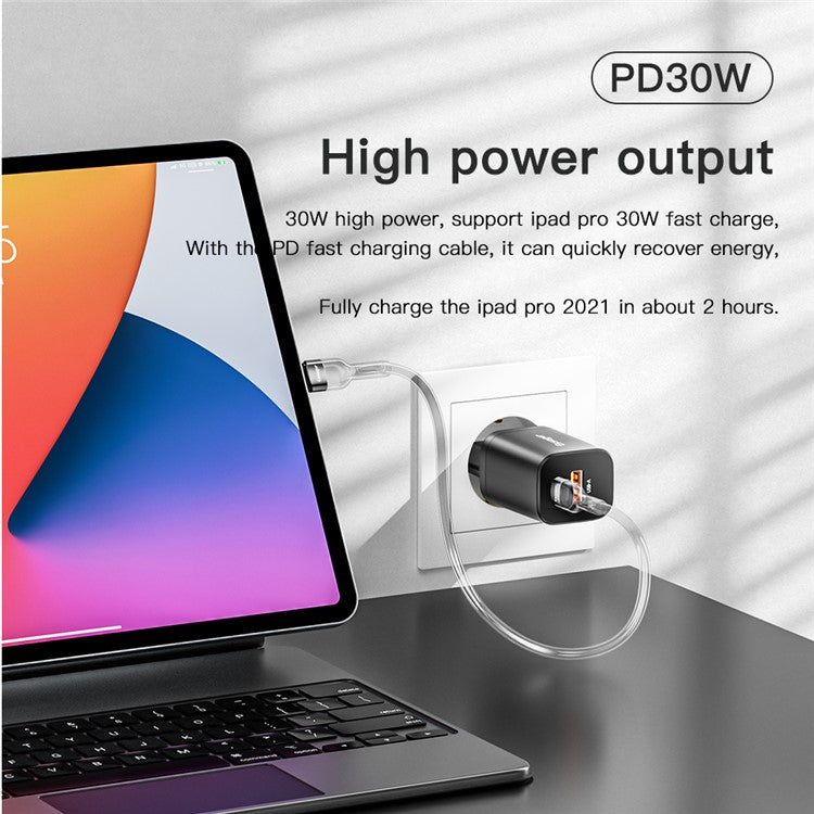 ESSAGER Type-C PD + USB-A QC3.0 30W Dual Ports Fast Charging Wall Charger Phone Charging Adapter - Black/US Plug