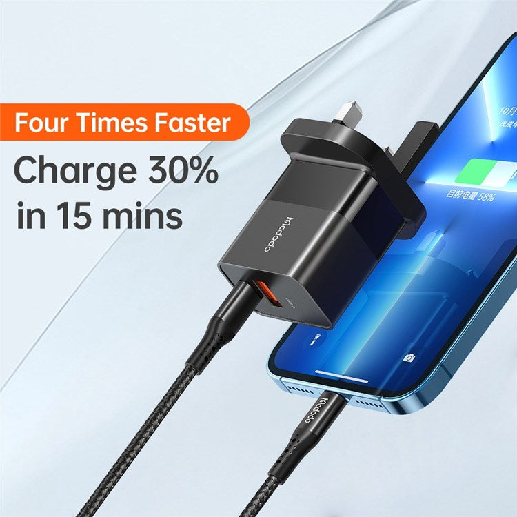 MCDODO CH-130 PD 20W Fast Charging Adapter USB+Type-C Dual Port Wall Charger - Black/UK Plug