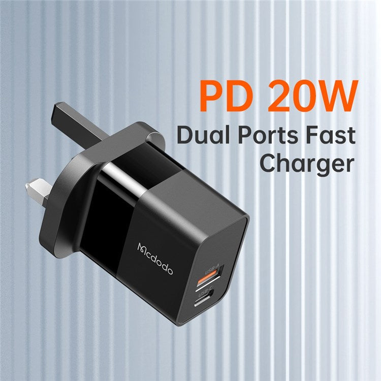MCDODO CH-130 PD 20W Fast Charging Adapter USB+Type-C Dual Port Wall Charger - Black/UK Plug
