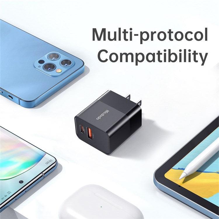 MCDODO CH-130 PD 20W Fast Charging Adapter USB+Type-C Dual Port Wall Charger - Black/US Plug
