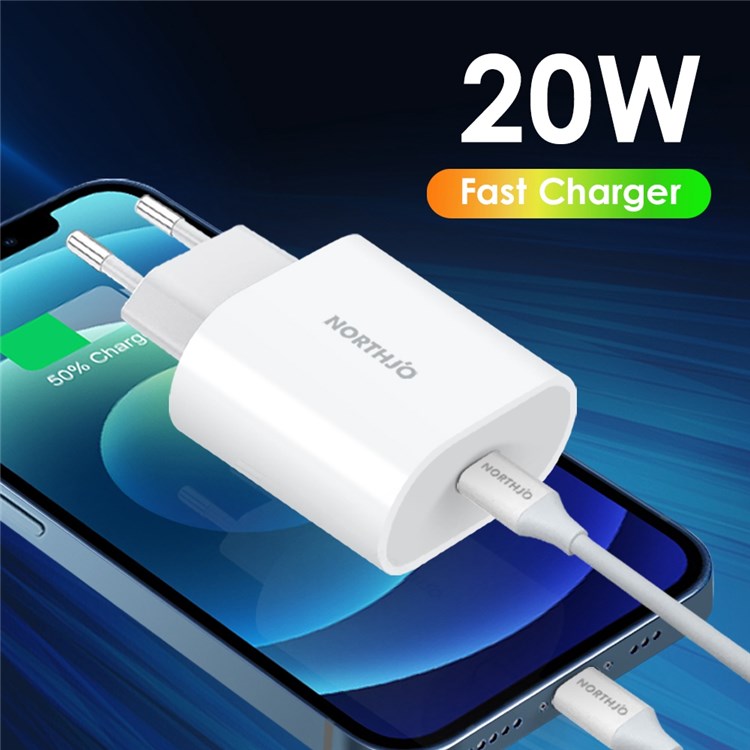 NORTHJO NOPD200101 Type-C Port Wall Charger PD 20W Phone Tablet Fast Charging Adapter - EU Plug/White