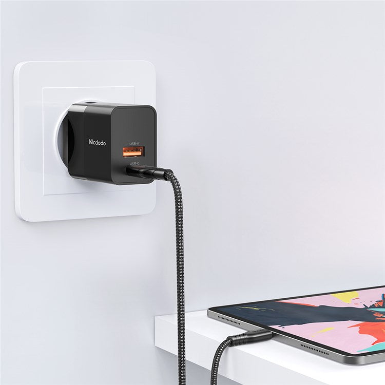 MCDODO MDD Hydrogen Series USB-A + Type-C PD 20W Phone Fast Charging Adapter Wall Charger with Cable - EU Plug/Black