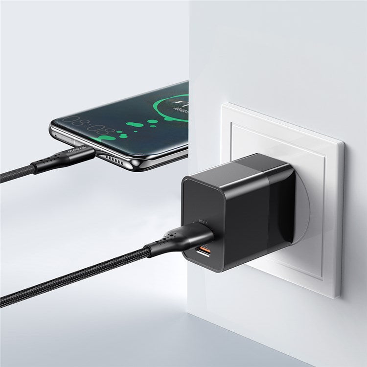 MCDODO MDD Hydrogen Series USB-A + Type-C PD 20W Phone Fast Charging Adapter Wall Charger with Cable - US Plug/Black