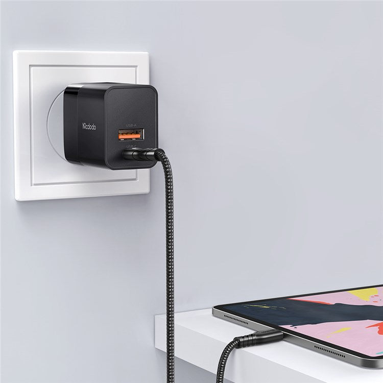 MCDODO MDD Hydrogen Series USB-A + Type-C PD 20W Phone Fast Charging Adapter Wall Charger with Cable - US Plug/Black