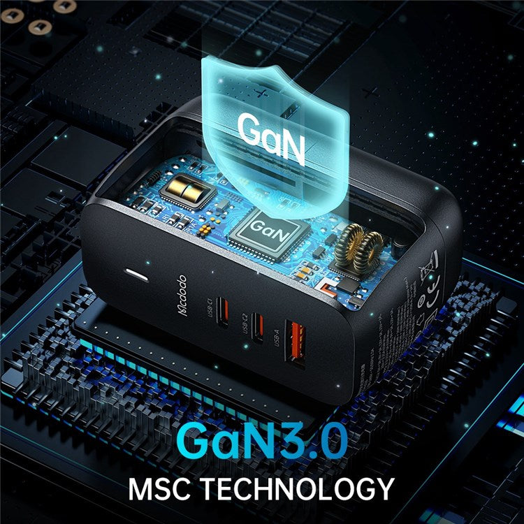 MCDODO CH-8442 MDD Mecha Series US Plug 65W GaN3.0 Dual Type-C+USB Travel Charger Adapter with Type-C Cable and EU+UK Plug - Black