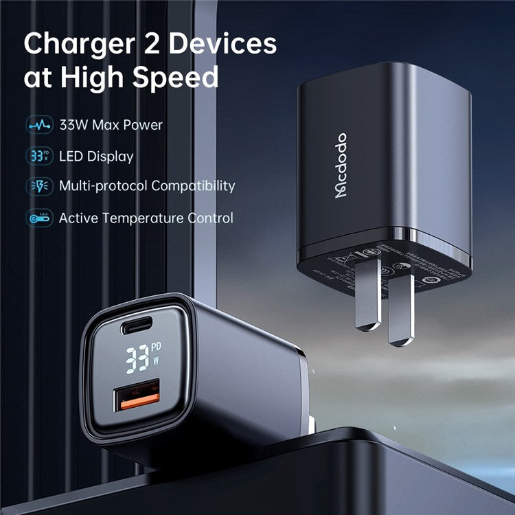 MCDODO Graphite Series 33W USB-A + Type-C Digital Display Dual Port Fast Charging Adapter Wall Charger - CN Standard Plug