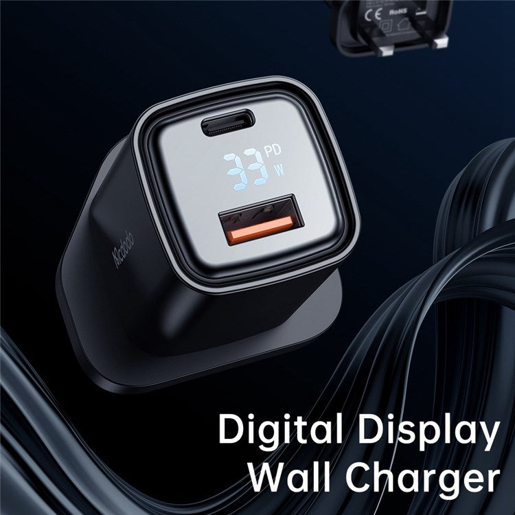 MCDODO Graphite Series 33W USB-A + Type-C Digital Display Dual Port Fast Charging Adapter Wall Charger - UK Plug