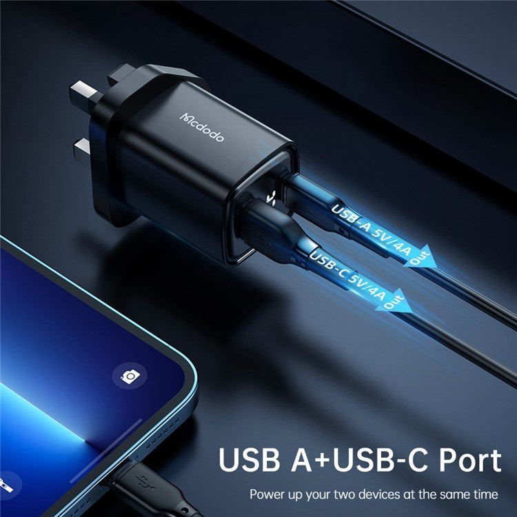 MCDODO Graphite Series 33W USB-A + Type-C Digital Display Dual Port Fast Charging Adapter Wall Charger - UK Plug