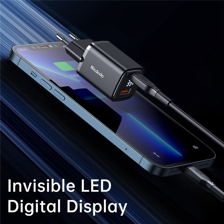 MCDODO Graphite Series 33W USB-A + Type-C Digital Display Dual Port Fast Charging Adapter Wall Charger - EU Plug