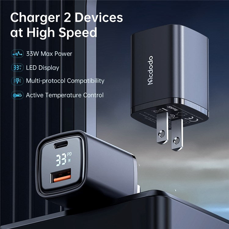 MCDODO Graphite Series 33W USB-A + Type-C Digital Display Dual Port Fast Charging Adapter Wall Charger - US Plug