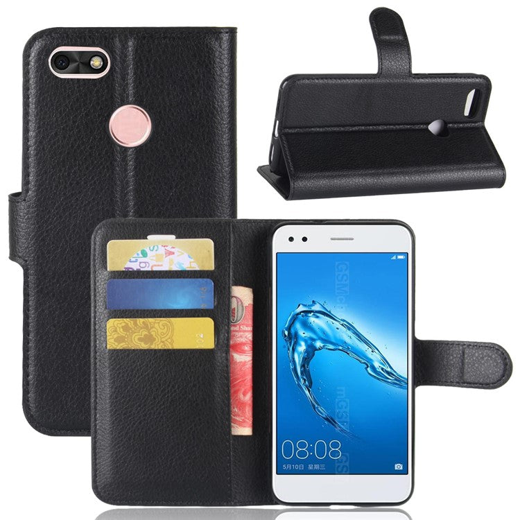 Litchi Texture Leather Wallet Stand Phone Case for Huawei P9 lite mini / Y6 Pro (2017) / Enjoy 7 - Black