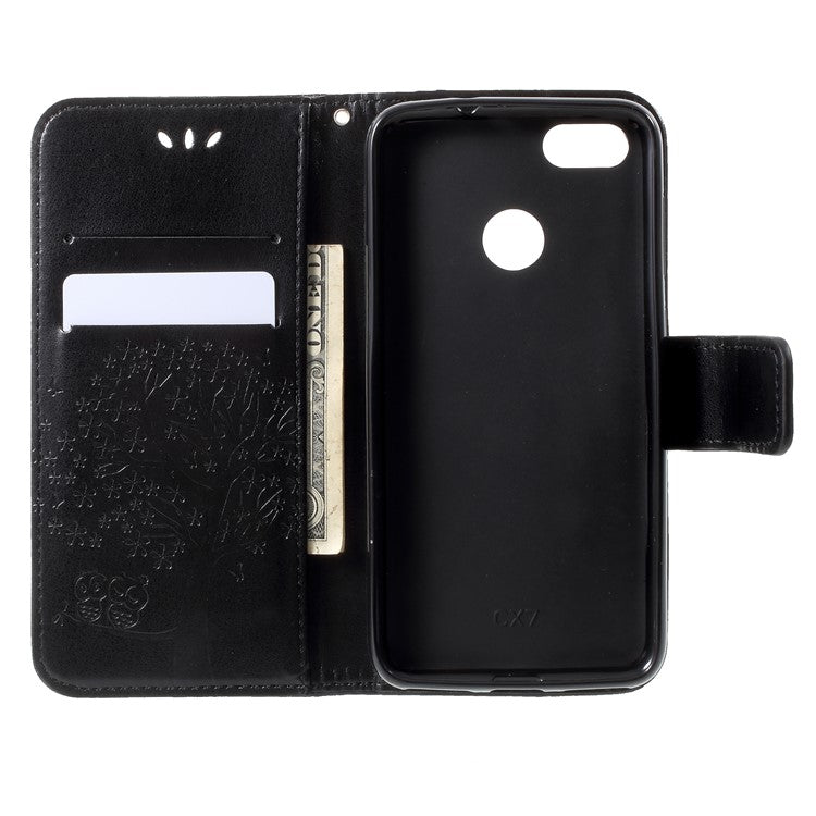 Imprint Tree Owl Leather Wallet Stand Case for Huawei P9 lite mini / Y6 Pro (2017) / Enjoy 7 - Black