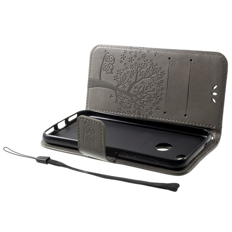 Imprint Tree Owl Leather Wallet Stand Cover for Huawei P9 lite mini / Y6 Pro (2017) / Enjoy 7 - Grey