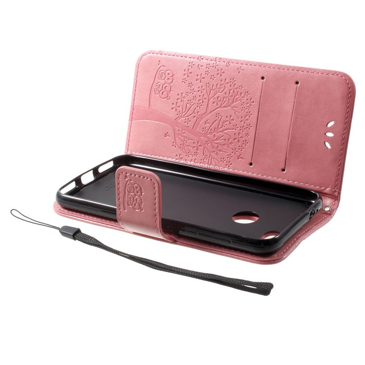 Imprint Tree Owl Leather Phone Case with Stand for Huawei P9 lite mini / Y6 Pro (2017) / Enjoy 7 - Pink