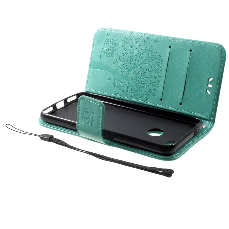 Imprint Tree Owl PU Leather Wallet Phone Cover for Huawei P9 lite mini / Y6 Pro (2017) / Enjoy 7 - Green