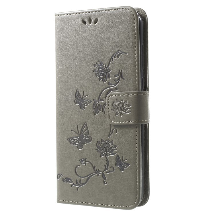 Imprint Butterfly Flowers Leather Wallet Cover for Huawei Mate 10 Lite / nova 2i / Maimang 6 / Honor 9i (India) - Grey