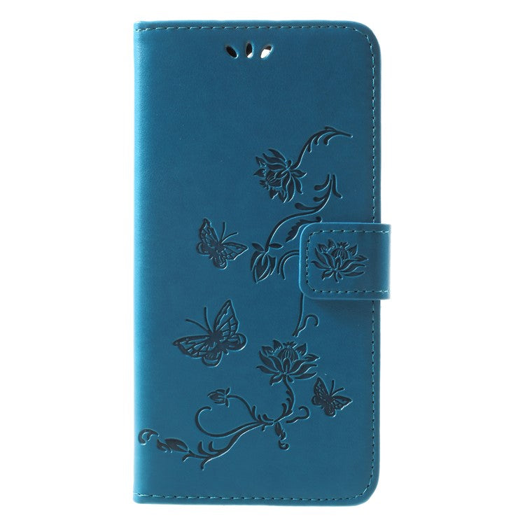 Imprint Butterfly Flowers Phone Leather Wallet Case for Huawei Mate 10 Lite / nova 2i / Maimang 6 / Honor 9i (India) - Blue