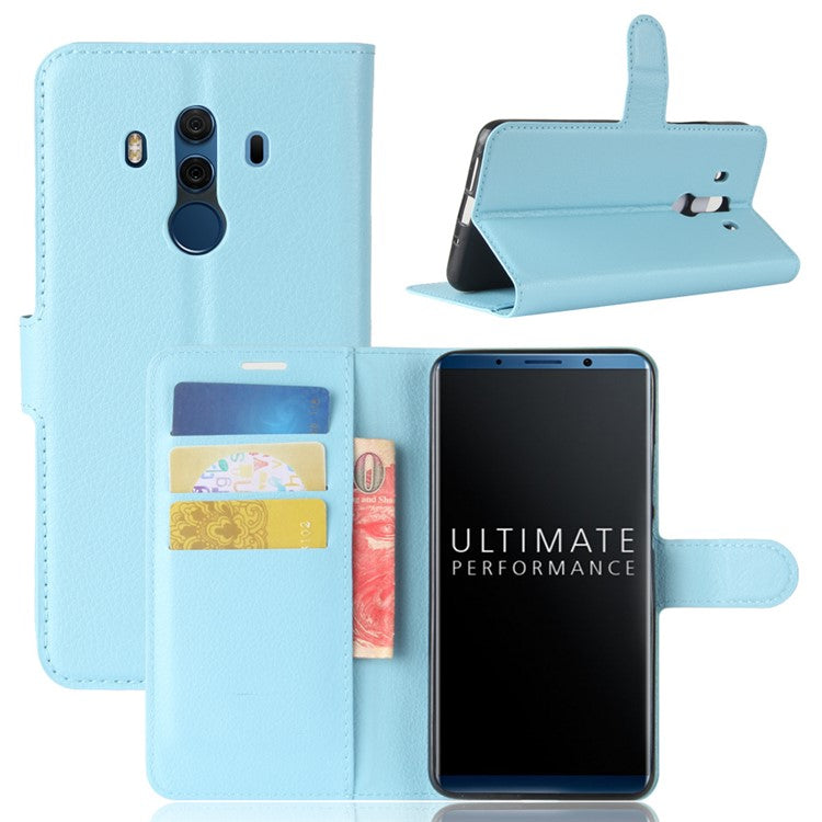 Litchi Skin PU Leather Wallet Stand Cell Phone Cover for Huawei Mate 10 Pro / Mate 10 Pro Porsche Design - Blue