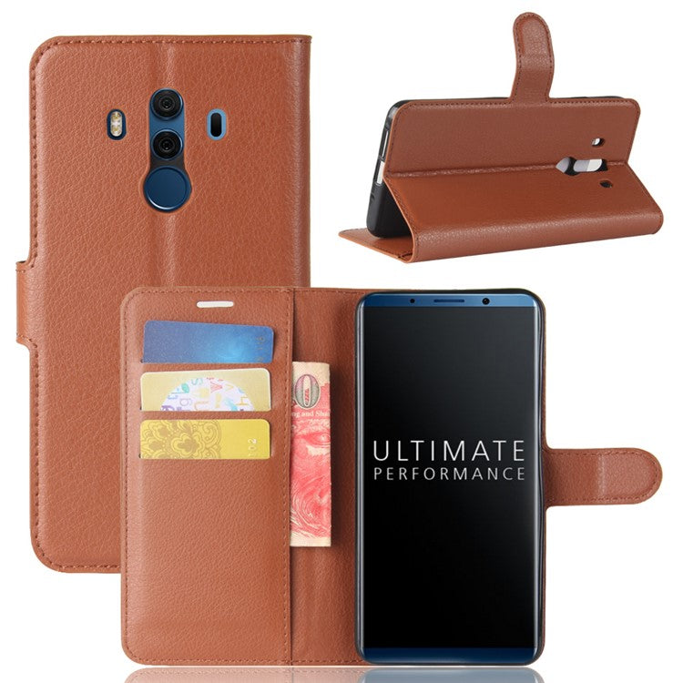 Litchi Skin PU Leather Wallet Stand Cell Phone Cover for Huawei Mate 10 Pro / Mate 10 Pro Porsche Design - Brown