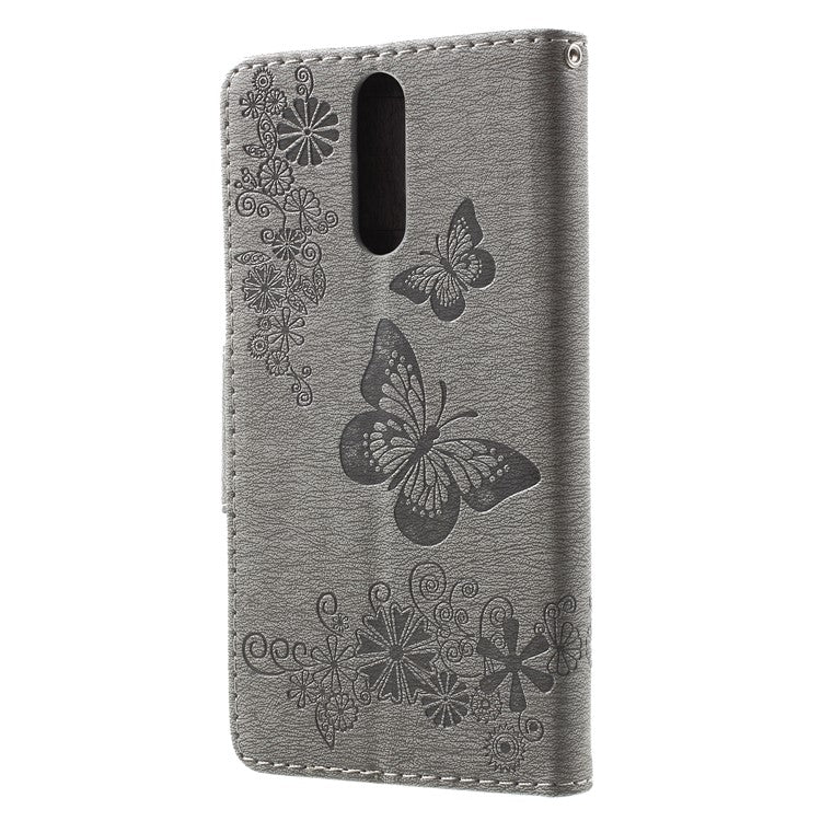 Imprinted Butterfly Flowers Leather Wallet Phone Shell Case for Huawei Mate 10 Lite / nova 2i / Maimang 6 / Honor 9i (India) - Grey