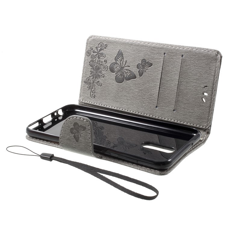 Imprinted Butterfly Flowers Leather Wallet Phone Shell Case for Huawei Mate 10 Lite / nova 2i / Maimang 6 / Honor 9i (India) - Grey