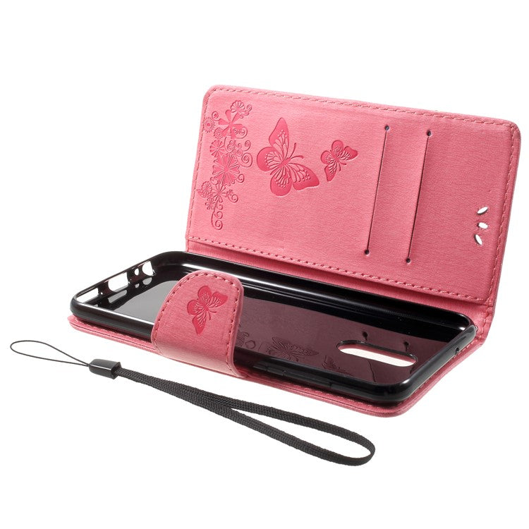 Imprinted Butterfly Flowers Magnetic Leather Wallet Case for Huawei Mate 10 Lite / nova 2i / Maimang 6 / Honor 9i (India) - Pink