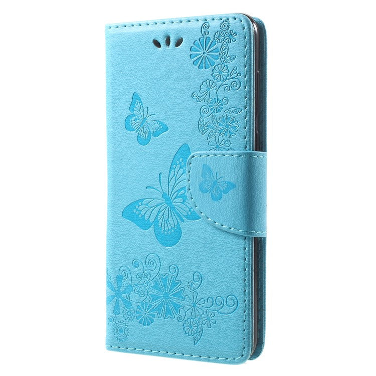 Imprinted Butterfly Flowers PU Leather Wallet Case for Huawei Mate 10 Lite / nova 2i / Maimang 6 / Honor 9i (India) - Blue