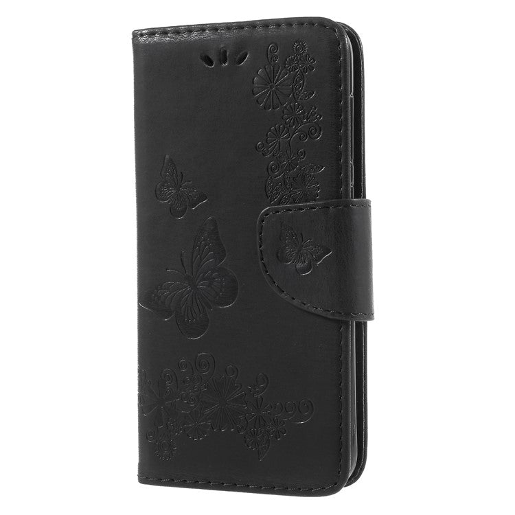 Imprinted Butterfly Flowers Leather Wallet Cover for Huawei P9 lite mini / Enjoy 7 / Y6 Pro (2017) - Black